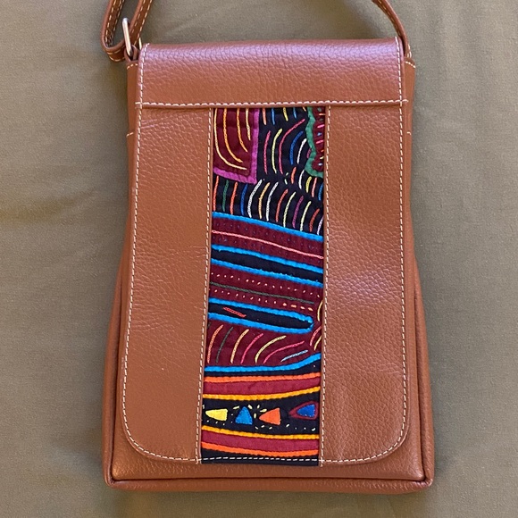 Brown Leather Crossbody Bag with Colorful Pattern - Picture 2 of 4